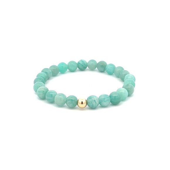Natural Amazonite Peru 6mm Stretchable Bracelet 18k Gold Bead Charm - Picture 1 of 5